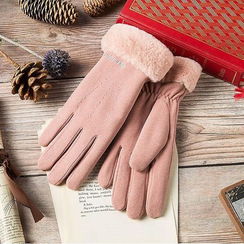 Hiver Femme Double Épais Peluche Poignet Chaud Cachemire Mignon Cyclisme Mitaines Femmes Daim Cuir Écran Tactile Conduite Gant Taille Unique A Rose A54