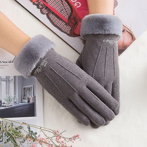 Hiver Femme Double Épais Poignet En Peluche Chaud Cachemire Mignon Mitaines De Cyclisme Femmes Daim Cuir Écran Tactile Gant De Conduite Taille Unique A Gris A60