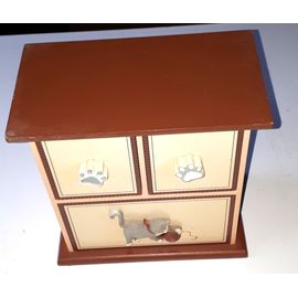 Coffret Vintage En Bois À 3 Tiroirs Pour Rangement De Sachets Thé Ou Tisane Ou Tout Autres Petits Trésors Les Tiroirs S'ouvrent Avec Pattes De Chat Et Un Chat Jouant Avec Sa Pelote De Laine-19x11x20cm