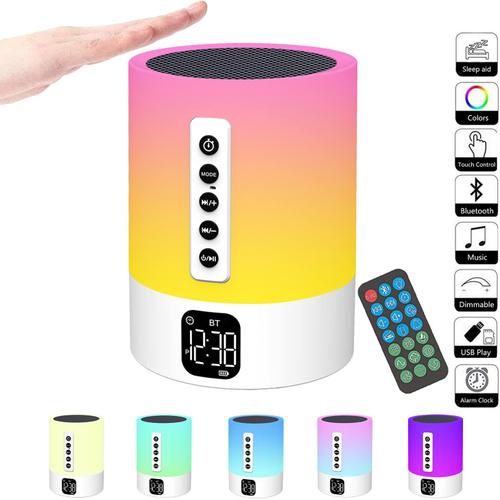 Enceinte Bluetooth Reveil Veilleuse, Lampe de Chevet Tactile avec Machine à Bruit Blanc, Haut-Parleur Bluetooth Veilleuse Enfant Réveil Lumineux Idee Cadeau Ado Fille,Enfant, Femme, Anniversaire, Noel