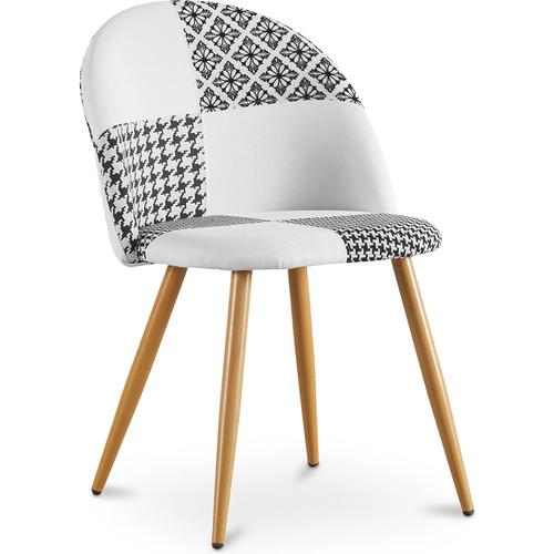 Chaise De Salle À Manger Tapissée Scandi Retro Design Patchwork Pieds En Bois - Bennett Max Blanc / Noir