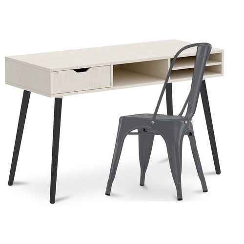 Bureau En Bois Design Style Scandinave Viggo + Chaise Bistrot Metalix 5kg Style Nouvelle Édition Gris Foncé