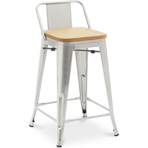 Tabouret De Bar Avec Petit Dossier Bistrot Metalix Design Industriel En Métal Et Bois Clair - 60 Cm - Nouvelle Edition Acier