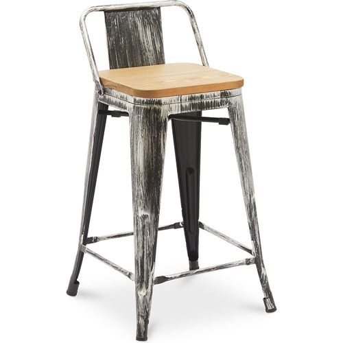 Tabouret De Bar Avec Petit Dossier Bistrot Metalix Design Industriel En Métal Et Bois Clair - 60 Cm - Nouvelle Edition Industriel