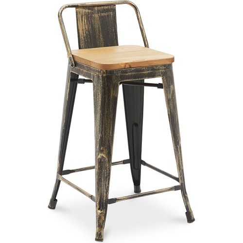 Tabouret De Bar Avec Petit Dossier Bistrot Metalix Design Industriel En Métal Et Bois Clair - 60 Cm - Nouvelle Edition Bronze Métallisé