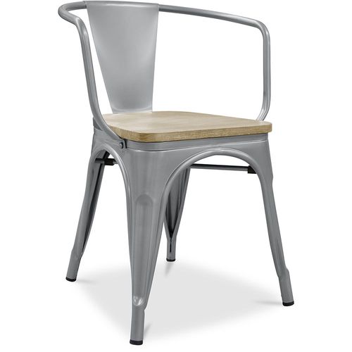 Chaise De Salle À Manger Avec Accoudoir Bistrot Metalix Design Industriel En Métal Et Bois Clair - Nouvelle Édition Gris Clair