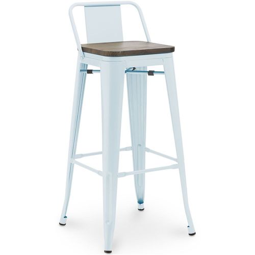 Tabouret De Bar Avec Petit Dossier Bistrot Metalix Design Industriel En Métal Et Bois Foncé - 76 Cm - Nouvelle Édition Bleu Clair