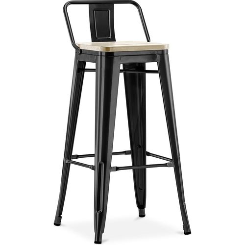 Tabouret De Bar Avec Petit Dossier Bistrot Metalix Design Industriel En Métal Et Bois Clair - 76 Cm - Nouvelle Édition Noir