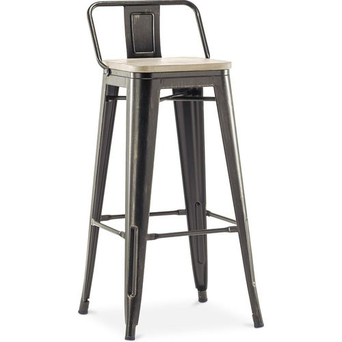 Tabouret De Bar Avec Petit Dossier Bistrot Metalix Design Industriel En Métal Et Bois Clair - 76 Cm - Nouvelle Édition Bronze Métallisé