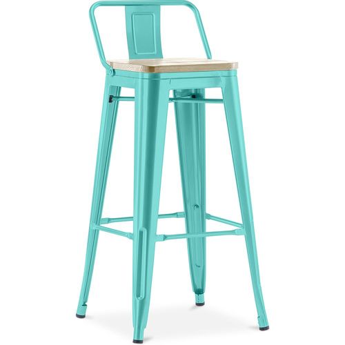 Tabouret De Bar Avec Petit Dossier Bistrot Metalix Design Industriel En Métal Et Bois Clair - 76 Cm - Nouvelle Édition Vert Pastel