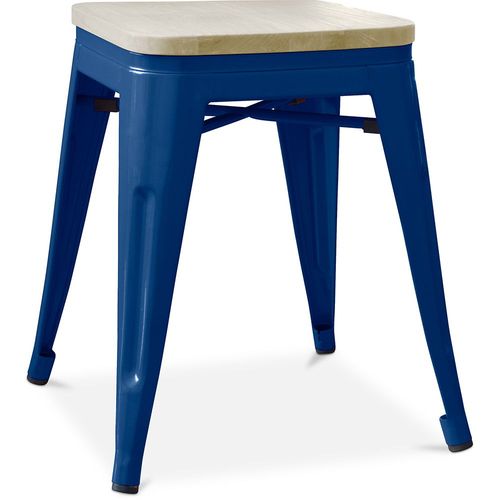 Tabouret Bistrot Metalix Design Industriel En Métal Et Bois Clair - 45 Cm - Nouvelle Edition Bleu Foncé