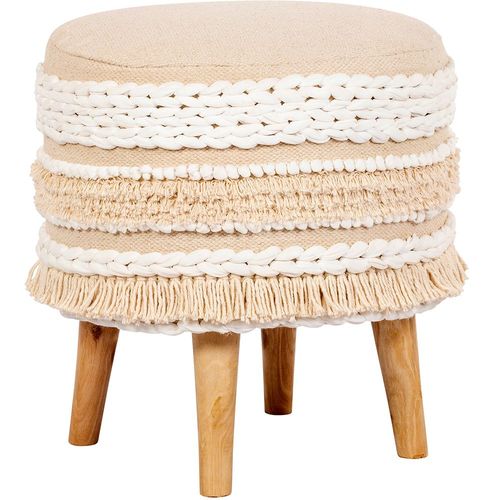 Tabouret Boho Bali Design En Bois De Pin, Coton - Isabella Bali Ivoire