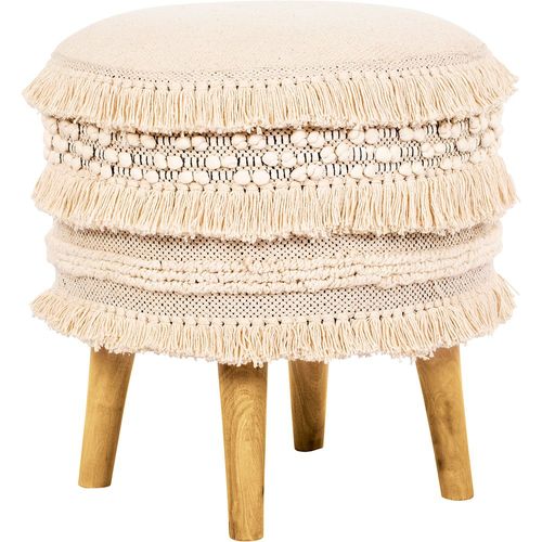 Tabouret Boho Bali Design En Bois De Pin, Coton - Janice Bali Blanc