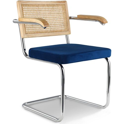Chaise De Salle À Manger En Rotin Naturel Et Velours Avec Accoudoirs - Wanda Bleu Foncé
