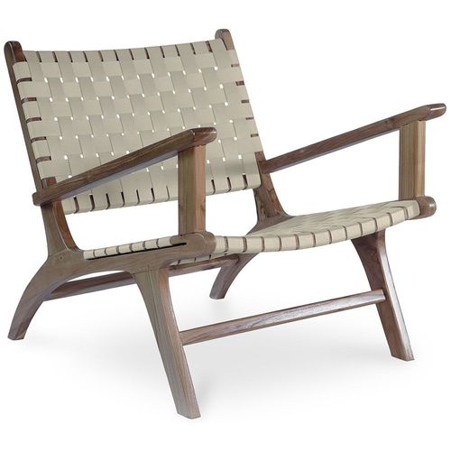 Fauteuil De Salon Design Boho Bali Avec Accoudoirs - Bois Et Lin - Grau Taupe