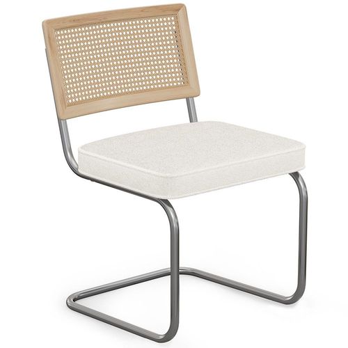 Chaise Avec Grille En Rotin Et Bois Naturel En Bouclette Fausse Fourrure Tapissée - Boucles Blanches - Jya Blanc