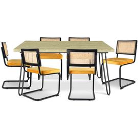 Ensemble de table rectangulaire en bois recyclé Sami (210x100 cm) et 6  chaises de salle à manger en rotin synthétique Zole - SKLUM