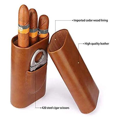 Étui à cigares en cuir à 3 doigts, cave à cigares doublée de bois de cèdre, marron inoxydable