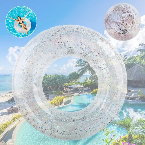 Ershi-Bague Natation Adultes, Paillettes Arcenciel Bague De Bain Avec Ballon De Plage, Bague Flottante Transparente, Flotteurs De [2402]