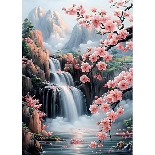 Eryi-Diamond Painting Cascade Et Fleurs De Cerisier, Peinture Diamant Belle Vue, Diamant Painting Kit, Broderie Diamant Kit Compl[7203]