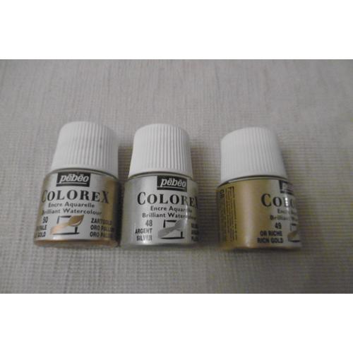 Pebeo Flacon 45ml Encre À Dessiner Aquarelle  Colorex Lot De 3 : Or Riche, Or Pale, Argent