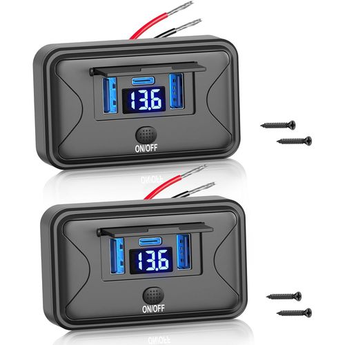 ERYI-Lot de 2 Prise USB 12 V Montage Surface, Double QC3.0 18 W et 36 W PD USB-C Multi Port Chargeur Rapide avec Voltmètre et In[3939]
