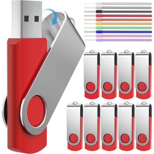 512MB Cle USB Lot de 10 Disque Flash USB-Clef USB 512 Mo Petite Capacit 10 Pice Rotatif Disque Flash USB Pendrives-Rouge Cl USB 2.0 Mmoire Stick avec Cordes by