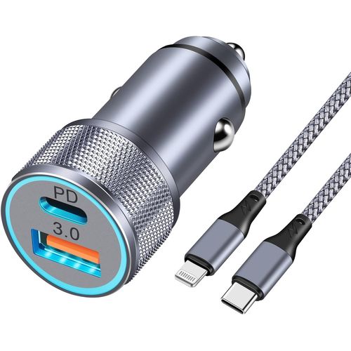 Eryi-Prise Allume Cigare Usb 38w 2 Ports Et Câble Lightnin 1m En Nylon Tressé, Chargeur Rapide Voiture Usb C Avec Pd/Qc, Adaptate[305]