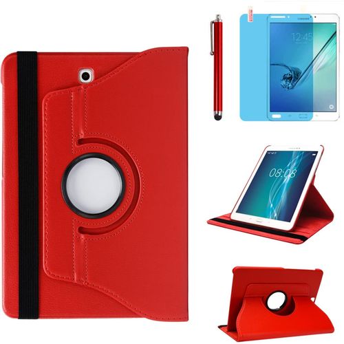 Étui Housse Coque Pour Samsung Galaxy Tab S2 8.0 Pouces 2015 (Sm-T710 Sm-T713 Sm-T715) - 360 Degrés Rotation Full Protection Kickstand Case Cover,Avec Un Stylo,Écran Film (Red).[F3756]