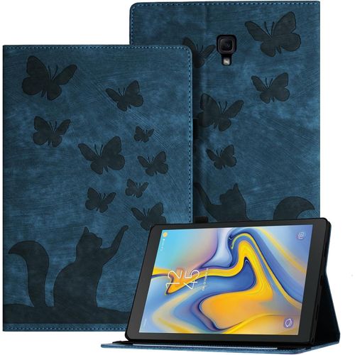 Coque Samsung Galaxy Tab A 10.5 2018 En Relief, Étui Pour Tablette En Cuir Pu Rétro Sur Le Thème Des Papillons Et Des Chats Pour Samsung Galaxy Tab A 10.5 (2018) / T590, Bleu.[F3041]