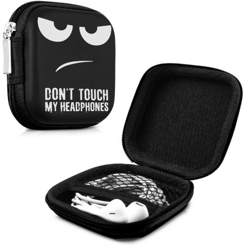 Housse Rigide pour écouteurs - Sacoche de Protection Antichoc pour Oreillettes avec Fermeture éclair et Filet intérieur - Don't Touch My Headphones Blanc-Noir-Noir.[S24]