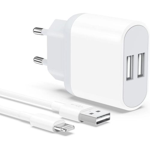 Chargeur For Iphone, Prise Usb Avec Cable 2m Pour Iphone 8 7 6 6s Plus Xr X Xs 11 12 13 14 Pro Max Mini Se 5 5s, Pad, 2-Pack 5v 2.1a Double Usb Charger Adaptateur Secteur Mural Alimentation.[F501]