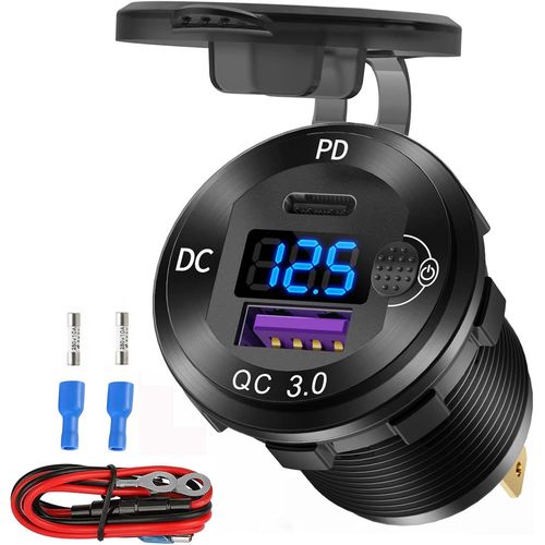 Chargeur De Voiture 12v Usb C En Aluminium, Prise Usb 12 Volts, Pd 20w Et Quick Charge 3.0 18w Port Usb De Voiture Étanche Avec Voltmètre & Interrupteur De Puissance Pour Marine, Camion, Bat.[F4015]