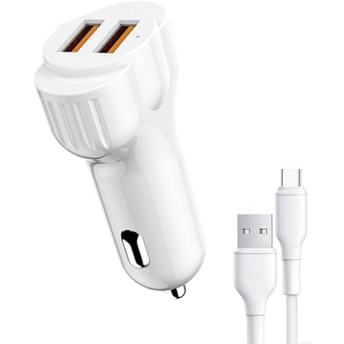 Chargeur De Voiture 2,1 A, 12 W-24 W, Charge Rapide Avec Câble Type C Inclus Pour Xiaomi, Samsung, Huawei. Chargeur De Voiture Usb Double Avec 1 Mètre De Câble Usb Type C (Blanc).[F2995]
