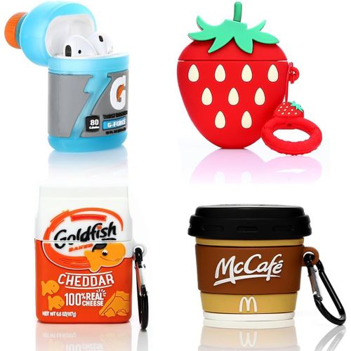 Lot de 4 coques pour écouteurs AirPods 2e et 1ère génération, en silicone, avec joli design peau de dessin animé, pour AirPods 1/2, avec mousqueton (G+GOD+Mcoffee+3Dstrawberry).[S283]