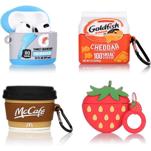 Lot de 4 coques pour écouteurs AirPods 3e génération (2022), étui de charge en silicone avec joli motif de dessin animé pour AirPods 3, avec mousqueton (G+GOD+Mcoffee+3Dstrawberry).[S475]