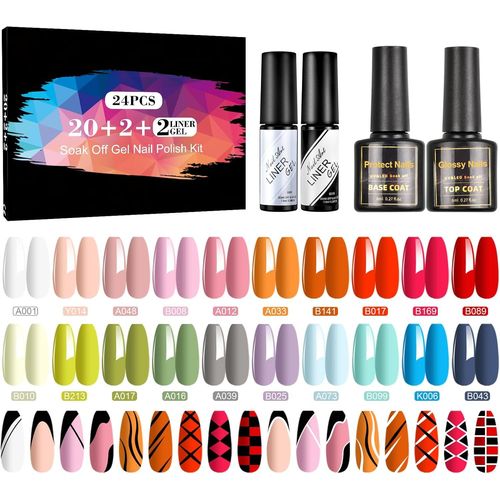 Vernis Semi Permanent, Lot De 24 Vernis À Ongles Uv Gel Avec Base Et Top Coat Brillant Et 2 Liner Gel Nail Art Multifonctionnel 