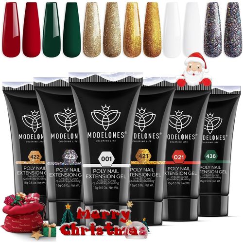 Polygel Noël 6 Couleurs Rouge Vert Or Pailleté 15 Ml Extension Gel Pour Faux Ongles Extension Construction Vernis Semi Permanent Quick Building Gel Complet Pour Manucure Nail Art 