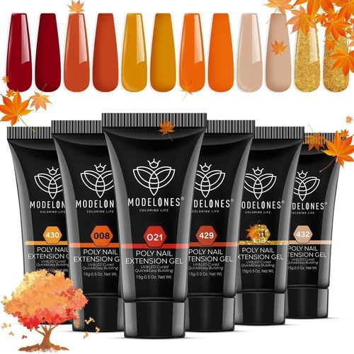 Polygel Automne 6 Couleurs 15 Ml Extension Gel Pour Faux Ongles Extension Rouge Jaune Orange Or Pailleté Construction Vernis Semi Permanent Quick Building Gel Complet Pour Manucure Nail Art 