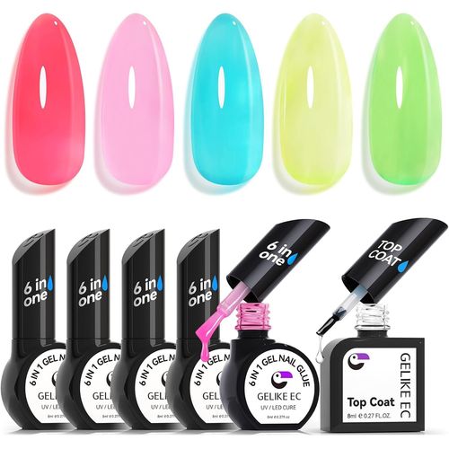 Manucure Set De Colles Faux Ongles, 5 Colle Capsule Americaine Ongle 6 In 1 Avec No Wipe Top Coat, Jelly Couleur Été Pour Nail Art, Manucuriste, Salon, Atelier De Manucure 