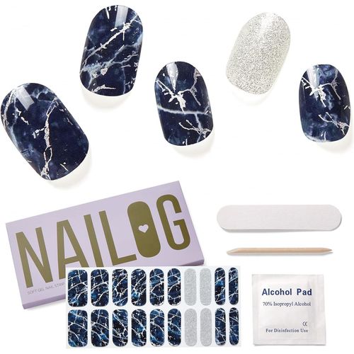 Nailog Ongles Autocollants Adhesif - 20pcs Stickers Ongles - Faux Ongles En Gel Uv Semi Durci, Extra Long Brillante Et Durable French Nail Art, Nail Stickers,Cadeau Anniversaire Femme, Stormy Night 