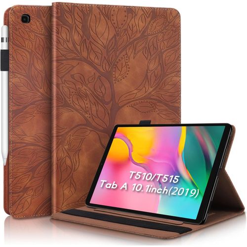 Coque Samsung Tab A 10.1 Pouces 2019 Housse Arbre En Relief Etui Cuir Pu Portefeuille Flip Support Coque Tablette Avec Porte-Stylo Pour Samsung Galaxy Tab A 2019 10.1"" Sm-T510/Sm-T515 Marron.[F2538]