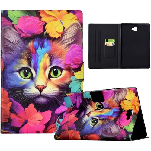 Tablette Coque Pour Samsung Galaxy Tab A 10.1 2016 (Sm-T580/T585) Housse Pu Cuir Animaux Mignons Peinture Etui Samsung Tab A 10.1 2016 Flip Cover Avec Fonction Support,Roses Et Chats.[F4494]