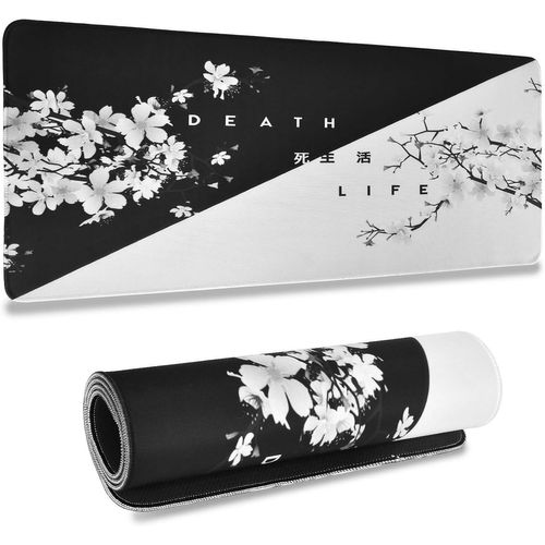 Grand Tapis de Souris, Motif Fleurs de Cerisier Noires et Blanches- avec Bords Cousus, Base en Caoutchouc antidérapant, pour Offrir, Protection de Bureau, 300x800x3mm.[F224]