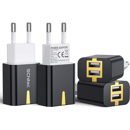 Chargeur Usb, 4 Pack 5v / 2.1a Chargeur Secteur Usb 2 Ports Adaptateur Chargeur Mural Usb Universel Compatible Avec Iphone Xs/Xr, Huawei P20, Samsung Galaxy Note S9 Tablette Et Plus (Noir).[F1005]