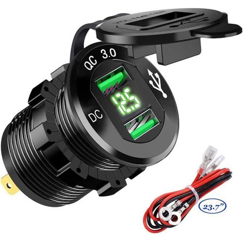 Chargeur De Voiture Rapide Usb Deux Qc3.0 Usb Les Ports, 12v / 24v 36w Étanche Avec Voltmètre Numérique Led Pour Moto, Caravane, Camion, Bateau Et Plus (Vert).[F2698]