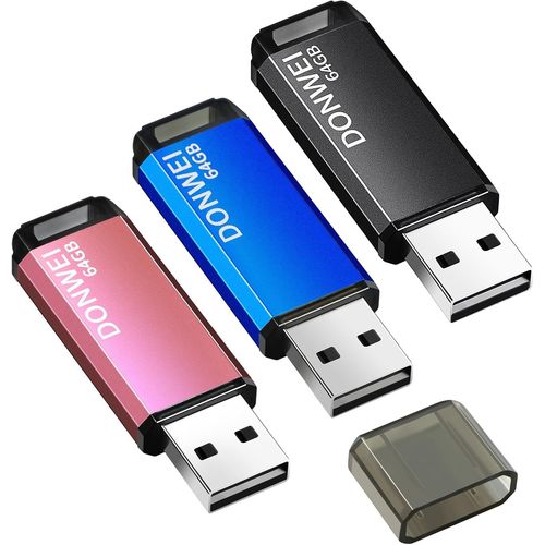 Cle USB 64 Go, Clé USB,Lot de 3 Clés USB avec Lumière LED Rapide Grande Capacité, Métal Clef USB Mémoire Externe pour Le Stockage de Musique et des Dossiers (Rose, Bleu, Noir).[F1150]