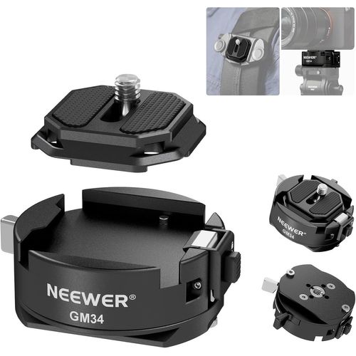 NEEWER GM34 Kit de Plaque à dégagement Rapide pour Appareil Photo, Verrouillage Automatique, Plaque de Montage carrée QR avec Base de Serrage de Type Arca, Compatible avec Arca Swiss Peak Design