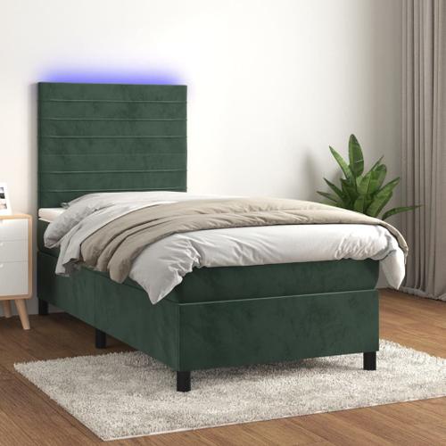 Vidaxl Sommier Tapissier Et Matelas Et Led Vert Foncé 90x200cm Velours