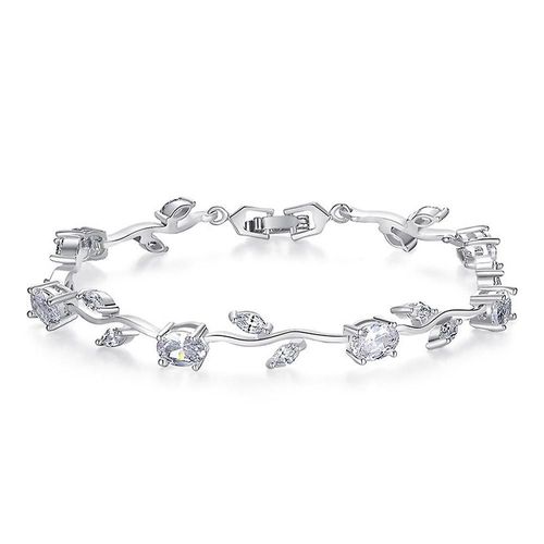 Joli Bracelet Plaqué Or Blanc Avec Zircone Cubique Aaa Et Fleur De Vigne Pour Mères, Filles, Copines
